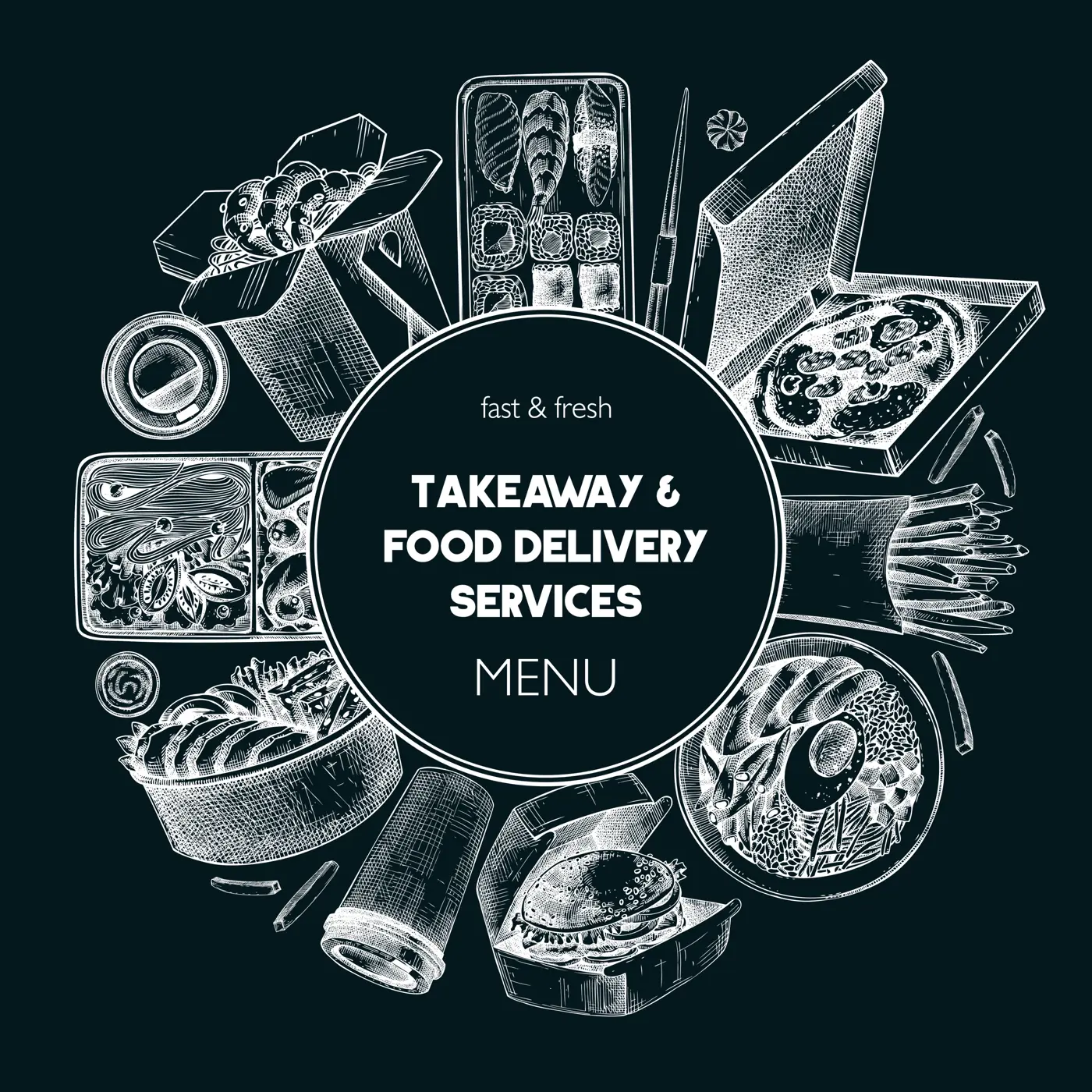 Engraved fast food wreath. Hand-drawn vector illustration on chalkboard. Burger, pizza box, paper bag, coffee cup sketch. Takeaway food menu design. Restaurant delivery frame template Illustration